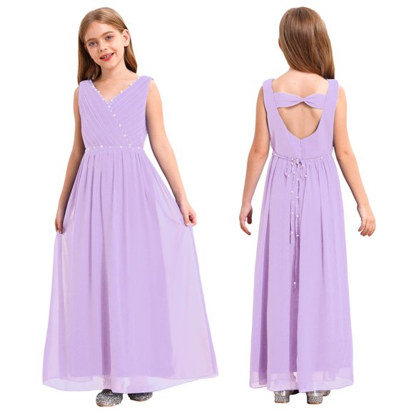 iiniim Kids Flower Girl Dress Sleeveless Beaded Princess Junior Bridesmaid Wedding Party Lavender 16