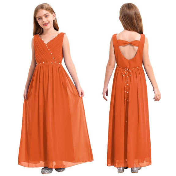 iiniim Kids Flower Girl Dress Sleeveless Beaded Princess Junior Bridesmaid Wedding Party Orange 6