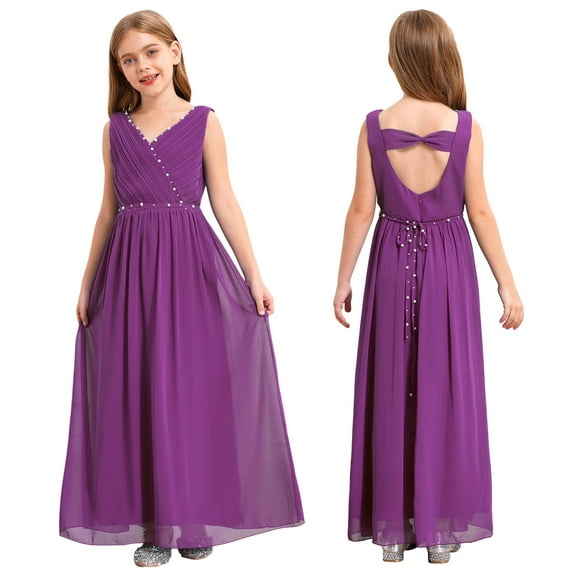 iiniim Kids Flower Girl Dress Sleeveless Beaded Princess Junior Bridesmaid Wedding Party Purple 14