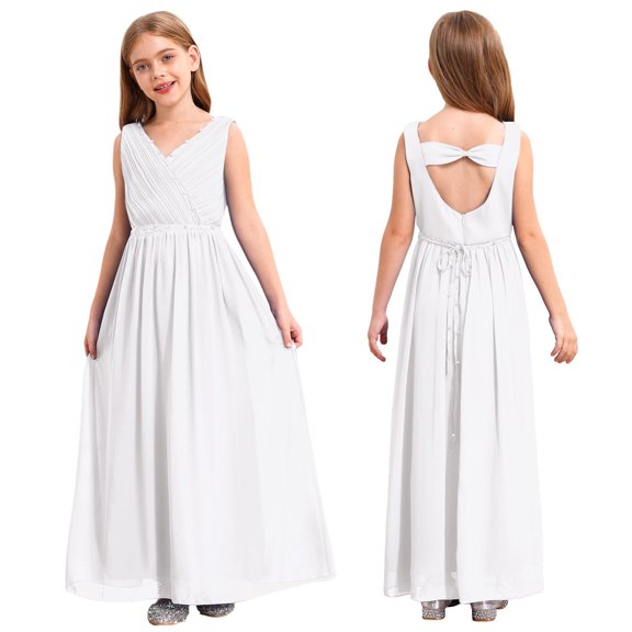 iiniim Kids Flower Girl Dress Sleeveless Beaded Princess Junior Bridesmaid Wedding Party White 16