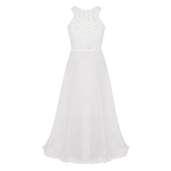 iiniim Kids Flower Girl Elegant Lace Bodice Halter Maxi Dress Sleeveless Backless Wedding Bridesmaid Party Gown