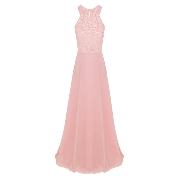 iiniim Kids Flower Girl Elegant Lace Bodice Halter Maxi Dress Sleeveless Backless Wedding Bridesmaid Party Gown