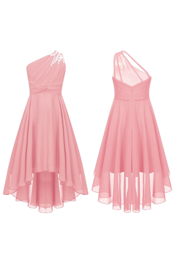 Kids Flower Girls Beaded Ruched Pageant Dress Wedding Birthday Party One Shoulder High Low Gowns