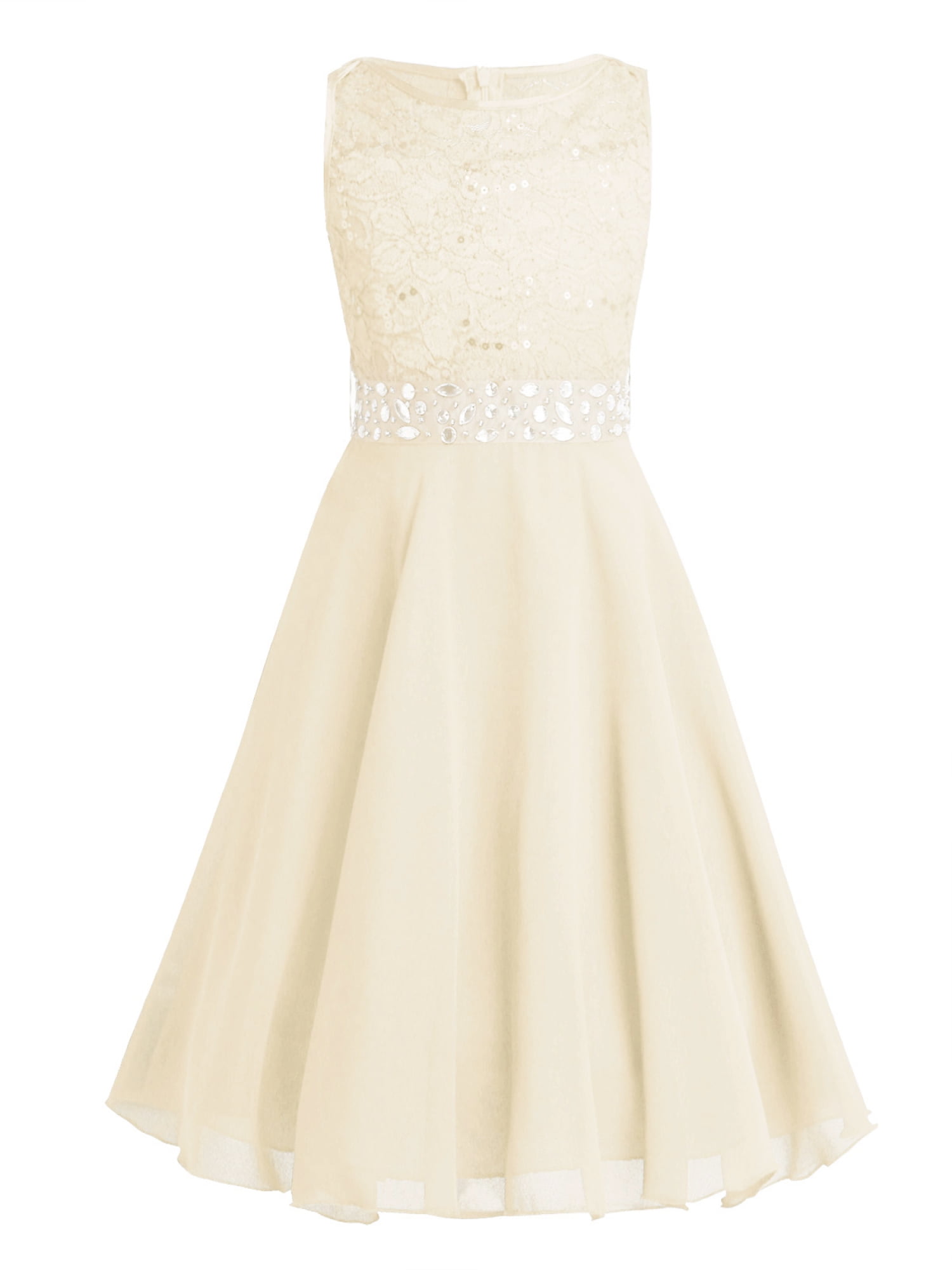 Iiniim Kids Flower Girls Dress Lace Chiffon Sequins Rhinestone Bridesmaid Wedding Formal Party Size 2-16 Beige 6