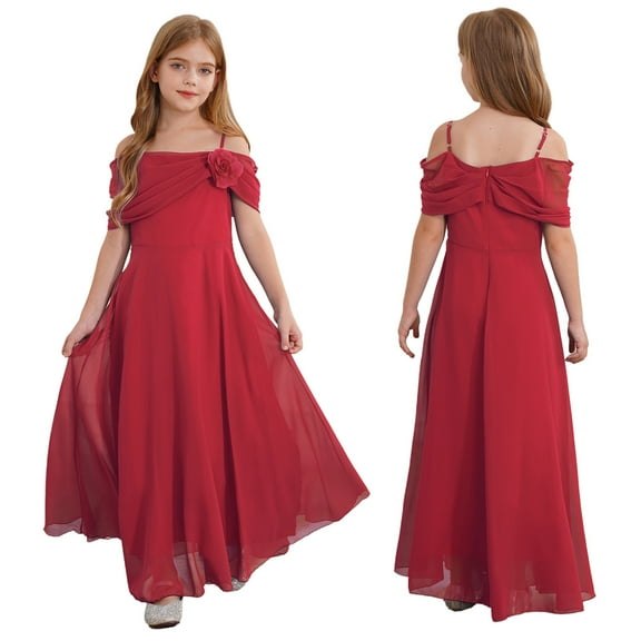 iiniim Kids Flower Girls Off Shoulder Chiffon Junior Bridesmaid Wedding Pageant Formal Ball Gown Maxi Dress Burgundy 8