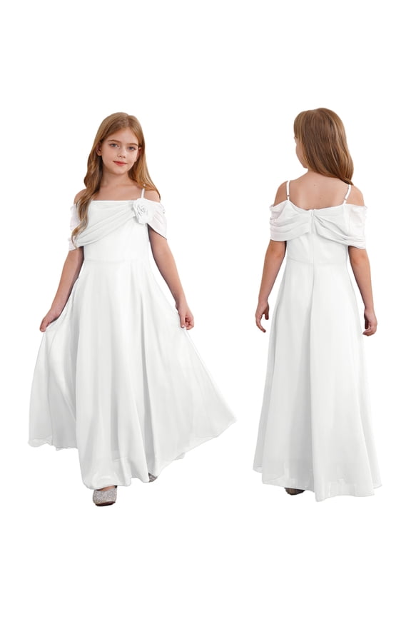 Kids Flower Girls Off Shoulder Chiffon Junior Bridesmaid Wedding Pageant Formal Ball Gown Maxi Dress Ivory 14