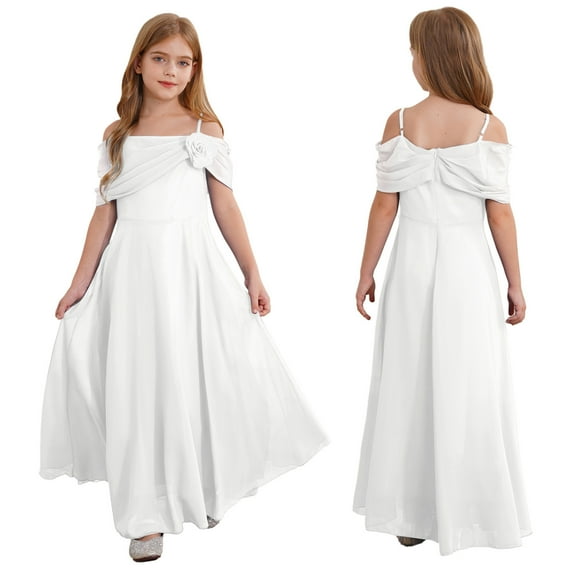 iiniim Kids Flower Girls Off Shoulder Chiffon Junior Bridesmaid Wedding Pageant Formal Ball Gown Maxi Dress Ivory 16