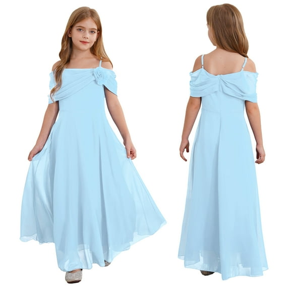 iiniim Kids Flower Girls Off Shoulder Chiffon Junior Bridesmaid Wedding Pageant Formal Ball Gown Maxi Dress Light Blue 10
