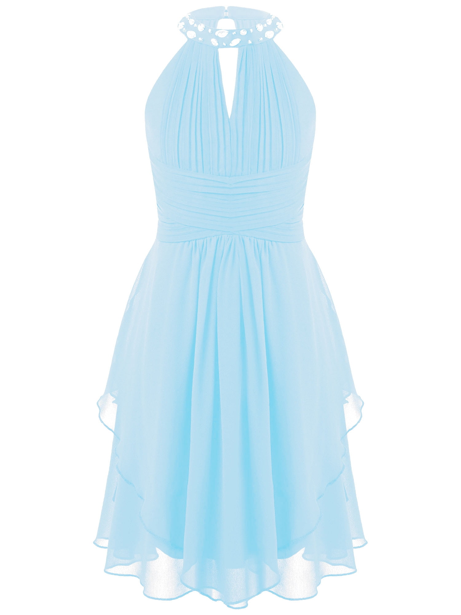 Lace Top Halter Neck Chiffon Long Junior Bridesmaid Dress Flamingo