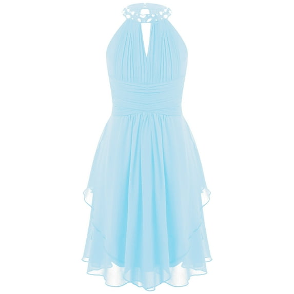 iiniim Kids Flower Girls Ruched Chiffon Junior Bridesmaid Dress Halter Neck Beaded Wedding Party 6-16
