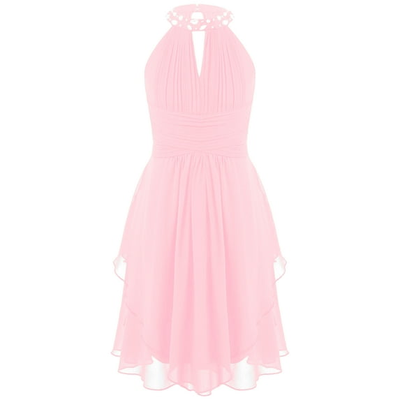 iiniim Kids Flower Girls Ruched Chiffon Junior Bridesmaid Dress Halter Neck Beaded Wedding Party 6-16
