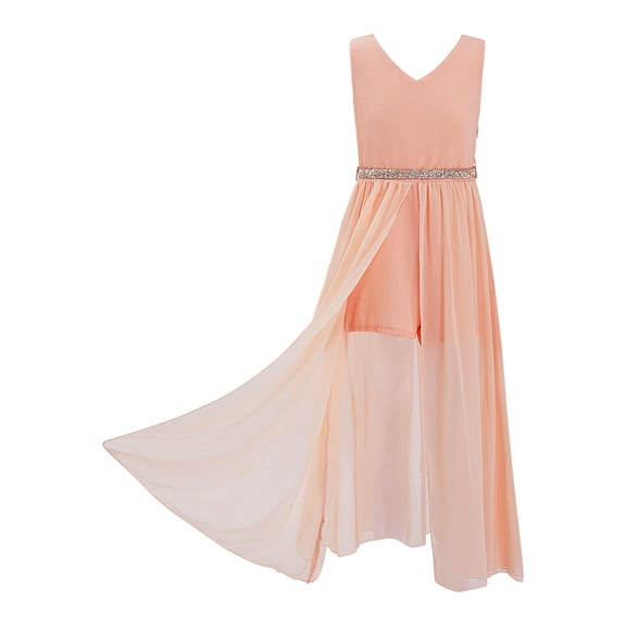 iiniim Kids Flower Girls Wedding Bridesmaid Chiffon Formal Long Dress V Neck Romper Jumpsuit Maxi Split Dress