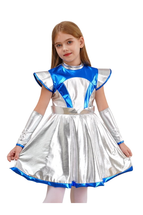 Kids Girl Shiny Metallic Space Alien Dress Cap Sleeve Tutu Dress with Arm Sleeve Halloween Party Dress Up Silver 6