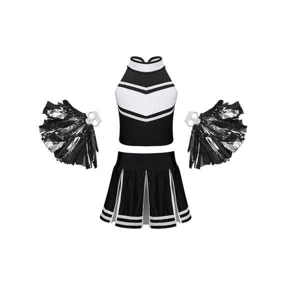 iiniim Kids Girl's Cheer Leader Uniform Party Outfit Cheerleading Crop Top with Pleated Skirt Pompoms Black 16