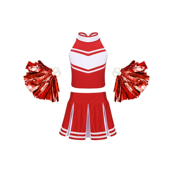 iiniim Kids Girl's Cheer Leader Uniform Party Outfit Cheerleading Crop Top with Pleated Skirt Pompoms Red 8