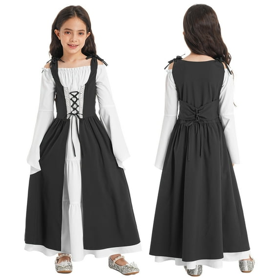 iiniim Kids Girl's Renaissance Dress up Halloween Fancy Medieval Gothic High Waist Gown Maxi Dress A Black 14