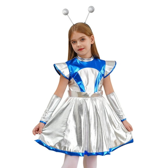 iiniim Kids Girl's Shiny Alien Costume Outfit Cap Sleeve Metallic Dress with Headband for Halloween Party Silver 12