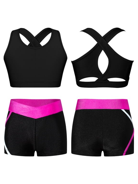 Kids Girls 2 Pcs Dance Athletic Ballet Gymnastic Tracksuit Sleeveless Crop Top and Short Set Black&Rose 10