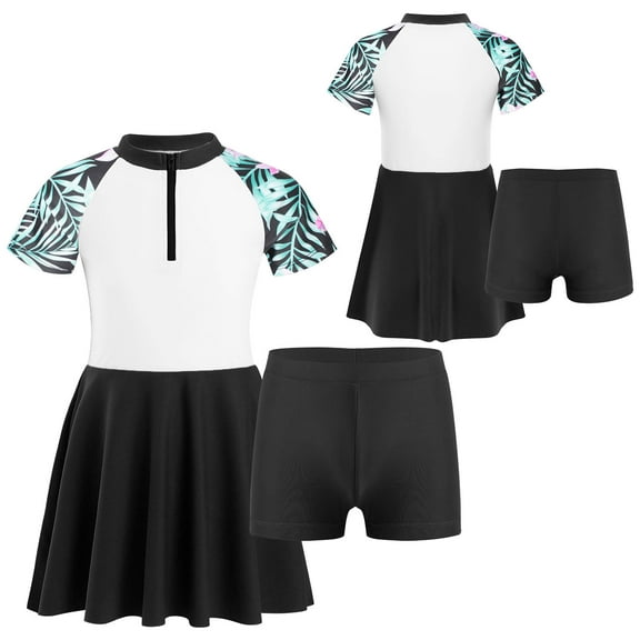 iiniim Kids Girls 2 Pcs Short Sleeve Rashguard Shirts with Swim Skirts Swimsuit Bathing Suit Beachwear Size 4-14 A Summer Lily Pink 4