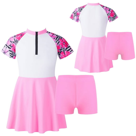 iiniim Kids Girls 2 Pcs Short Sleeve Rashguard Shirts with Swim Skirts Swimsuit Bathing Suit Beachwear Size 4-14 Floral Pink 4