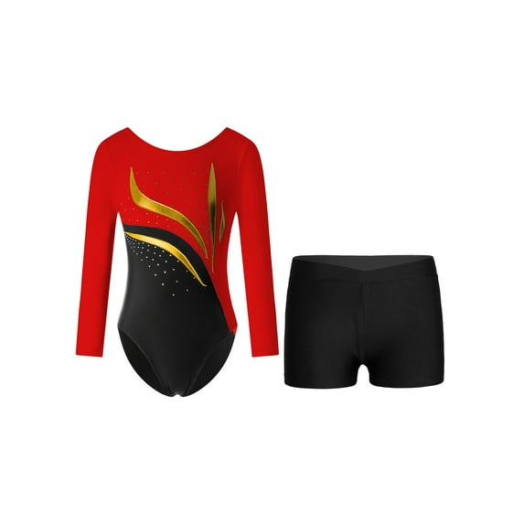 iiniim Kids Girls 2 Piece Gymnastics Leotard Outfit Shiny Diamond Ballet Bodysuit with Shorts Tracksuit Dancewear A Red&Black 14