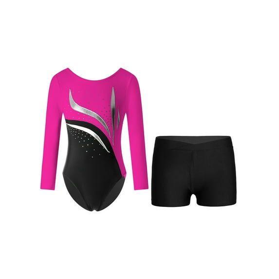 iiniim Kids Girls 2 Piece Gymnastics Leotard Outfit Shiny Diamond Ballet Bodysuit with Shorts Tracksuit Dancewear Hot Pink&Black 10