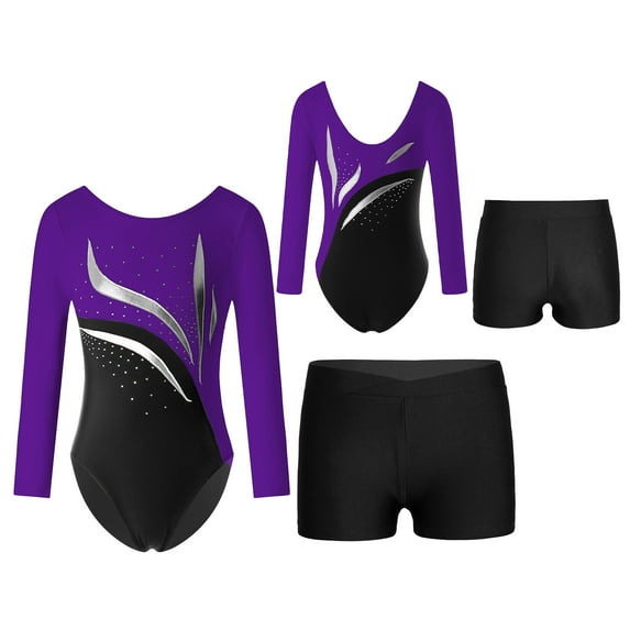iiniim Kids Girls 2 Piece Gymnastics Leotard Outfit Shiny Diamond Ballet Bodysuit with Shorts Tracksuit Dancewear Purple&Black 14