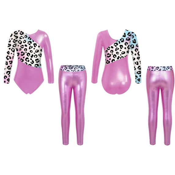 iiniim Kids Girls 2 Piece Gymnastics Outfits Shiny Long Sleeve Leotards with Athletic Leggings Set Dance Tracksuit