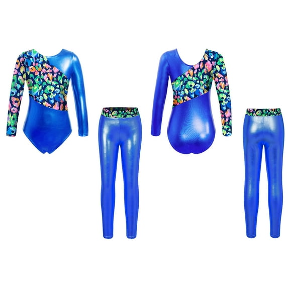iiniim Kids Girls 2 Piece Gymnastics Outfits Shiny Long Sleeve Leotards with Athletic Leggings Set Dance Tracksuit