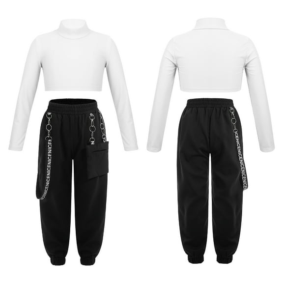 iiniim Kids Girls 2-Piece Hip Hop Dance Outfits Long Sleeve Mock Neck Crop Tops with Chain Pocket Sweatpants