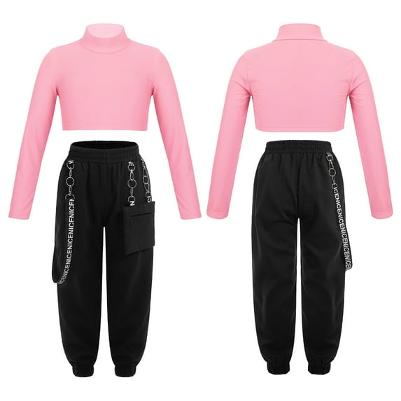 iiniim Kids Girls 2-Piece Hip Hop Dance Outfits Long Sleeve Mock Neck Crop Tops with Chain Pocket Sweatpants