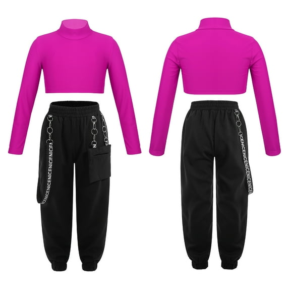 iiniim Kids Girls 2-Piece Hip Hop Dance Outfits Long Sleeve Mock Neck Crop Tops with Chain Pocket Sweatpants