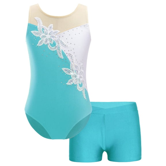 iiniim Kids Girls 2 Pieces Ballet Dance Outfits Gymnastics Leotard with Booty Shorts 4-14 Blue Green 8