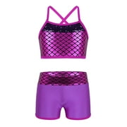 iiniim Kids Girls 2 Pieces Gymnastic Unitard Shiny Mermaid Top Bra with Shorts Set Dance Cheerleading Athletic Outfit