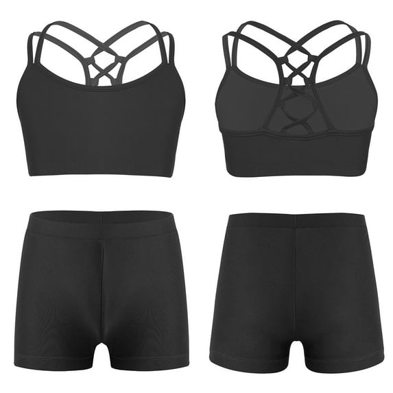 iiniim Kids Girls 2Pcs Activewear Set Gymnastics Dance Sports Crop Tops and Booty Shorts Swimsuit 4-14 A Black 8