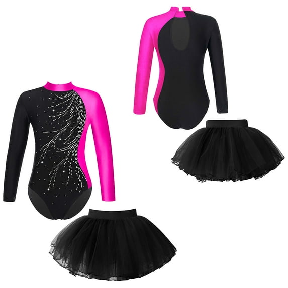 iiniim Kids Girls 2Pcs Ballet Dance Sparkly Long Sleeve Gymnastic Leotard and Mesh Tutu Skirt Dancewear Size 6-16 Rose 14