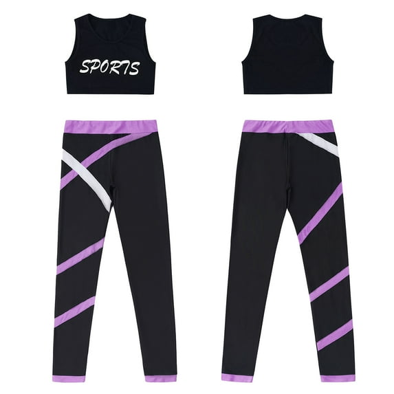 iiniim Kids Girls 2Pcs Dance Performance Sports Outfits Sleeveless Letters Printed Crop Top with Colorblock Leggings Set