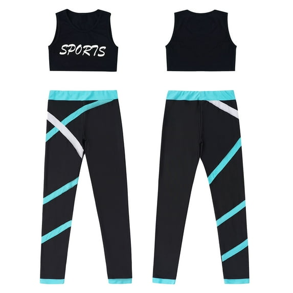 iiniim Kids Girls 2Pcs Dance Performance Sports Outfits Sleeveless Letters Printed Crop Top with Colorblock Leggings Set