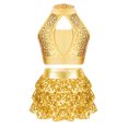 thumbnail image 1 of iiniim Kids Girls 2Pcs Dance Sequins Crop Top with Skirts Jazz Latin Performance Gold 14, 1 of 5