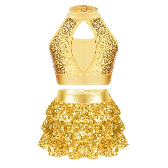 iiniim Kids Girls 2Pcs Dance Sequins Crop Top with Skirts Jazz Latin Performance Gold 8