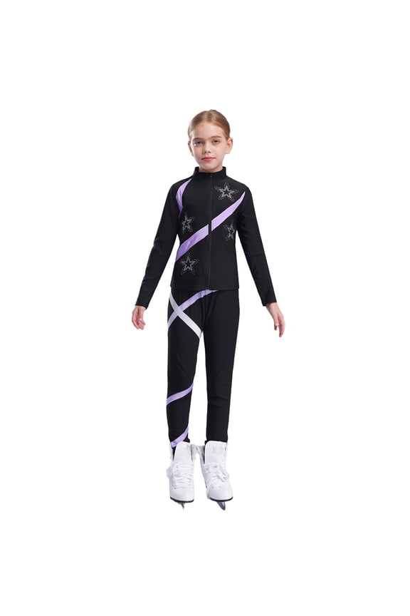 Kids Girls 2Pcs Figure Skating Training Suit Ice Skating Jacket with Practice Leggings Dancewear Light Purple 6