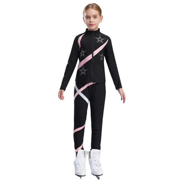 iiniim Kids Girls 2Pcs Figure Skating Training Suit Ice Skating Jacket with Practice Leggings Dancewear Pink 10