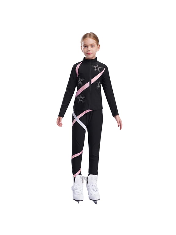 Kids Girls 2Pcs Figure Skating Training Suit Ice Skating Jacket with Practice Leggings Dancewear Pink 8