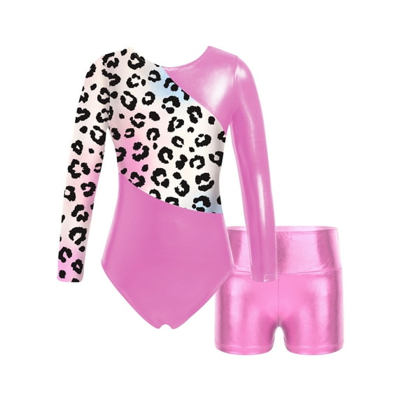 iiniim Kids Girls 2Pcs Gymnastics Dance Long Sleeve Leotards with Shorts Athletic Biketards Unitards Pink 14
