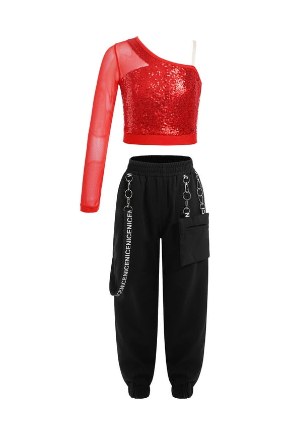 Kids Girls 2pcs Sports Dance Tracksuit Sequins Top with Cargo Pants for Jazz Dancewear Red 14