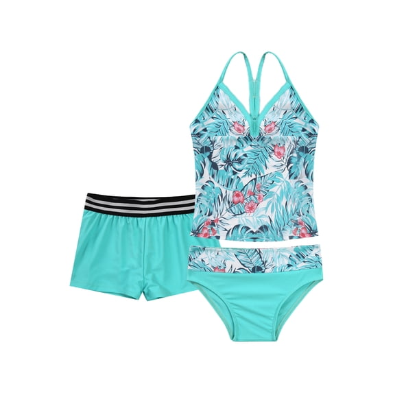 iiniim Kids Girls 3 Pieces Swimsuit Sleeveless Swim Crop Tops with Shorts Bottoms Set Tankini Bathing Suit