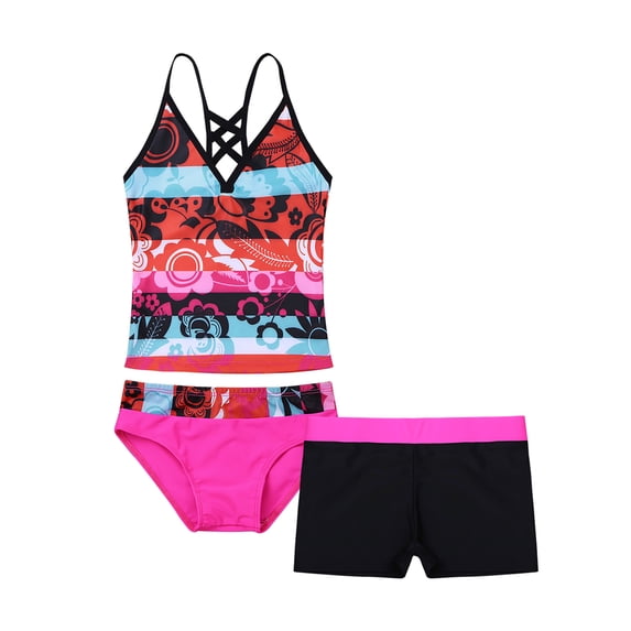 iiniim Kids Girls 3Pcs Bathing Suit Beach Swimwear Hawaiian Swimsuit Floral Tankinis Top with Bottom