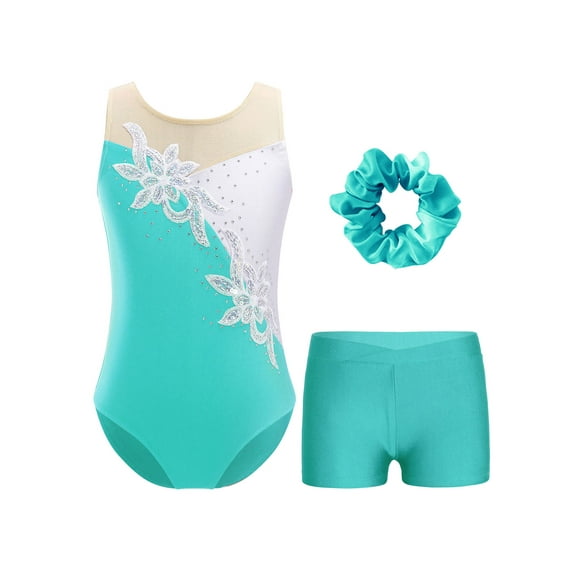 iiniim Kids Girls 3pcs Gymnastics Sleeveless Leotard Unitard with Shorts Scrunchies Athletic Activewear Blue Green 8