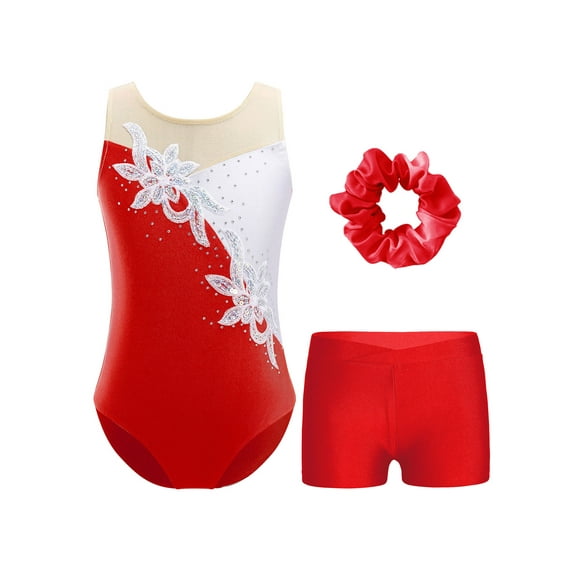 iiniim Kids Girls 3pcs Gymnastics Sleeveless Leotard Unitard with Shorts Scrunchies Athletic Activewear Red 14