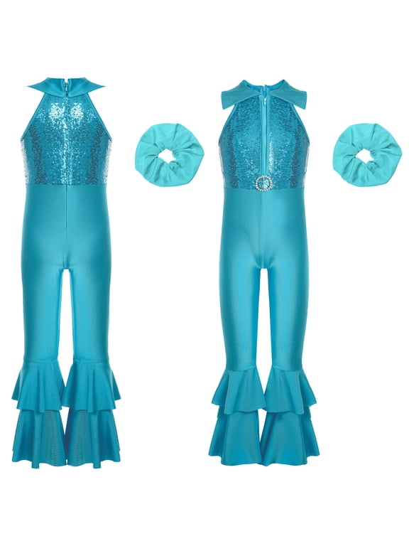 Kids Girls 70s Party Hippie Bell-Bottom Jumpsuits Sparkly Sequins Disco Dance Fancy Dress Blue 10